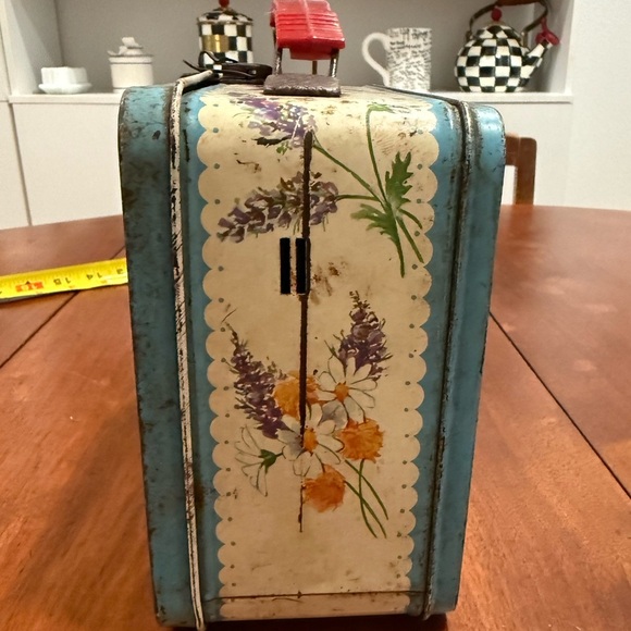 Vintage 1950s Thermos Corsage Flower Metal Lunchbox – Blue Floral Design - Picture 4 of 13